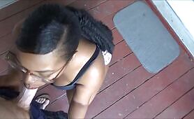 Beautiful ebony girlfriend greets me with outdoor blowjob